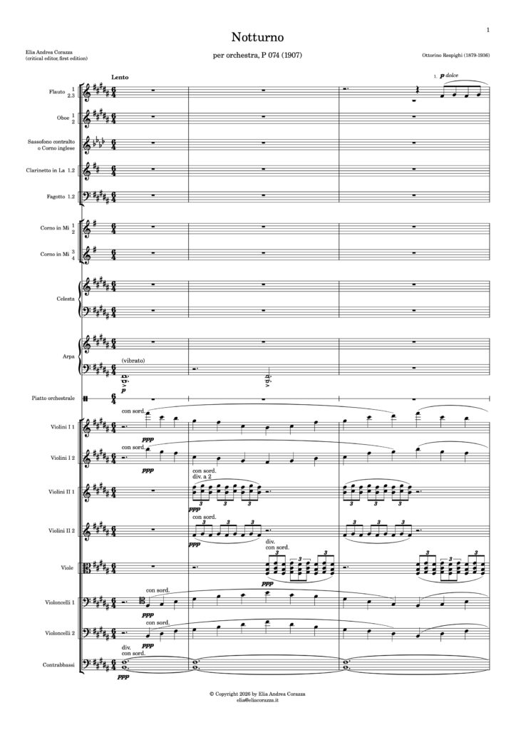 Ottorino Respighi, Notturno per orchestra, 1907, (P 074). Critical edition and first edition by Elia Andrea Corazza elia@eliacorazza.it
